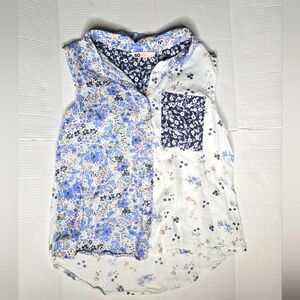 Floral Sleeveless Top - Blue and White